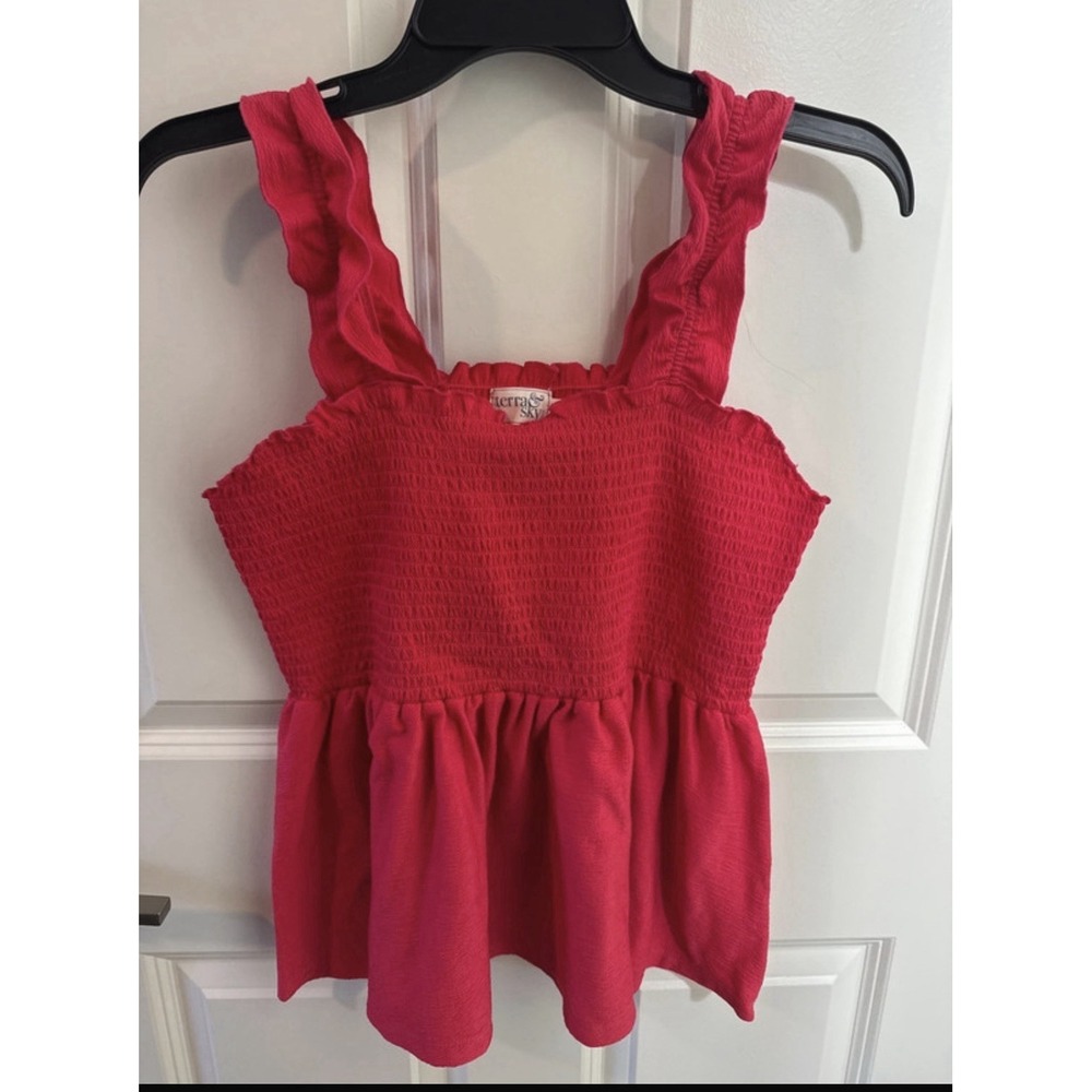 Terra & Sky Pink Ruffle Smocked Peplum Top Plus Size 1X 16W-18W Square Neck - Picture 2 of 11